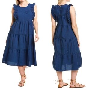 Madewell Indigo Blue Ruffled-Bodice Tiered Sleeveless Midi Dress Size small